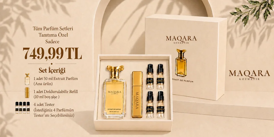 Maqara Kozmetik parfüm seti. Açık hediye kutusunda 1 adet 50 ml Extrait de Parfum, 1 adet doldurulabilir refill şişe ve istediğiniz kokulardan seçebileceğiniz 4 adet tester. Tüm parfüm setleri tanıtıma özel sadece 749,99 TL.