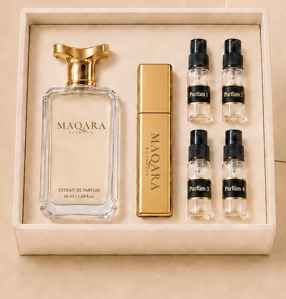 Maqara kutusu: 50 ml Extrait de Parfum, doldurulabilir seyahat şişesi ve dört tester