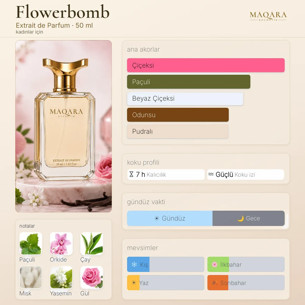 Flowerbomb koku kartı: ana akorlar, notalar, kalıcılık, koku izi, gündüz ve gece, mevsimler