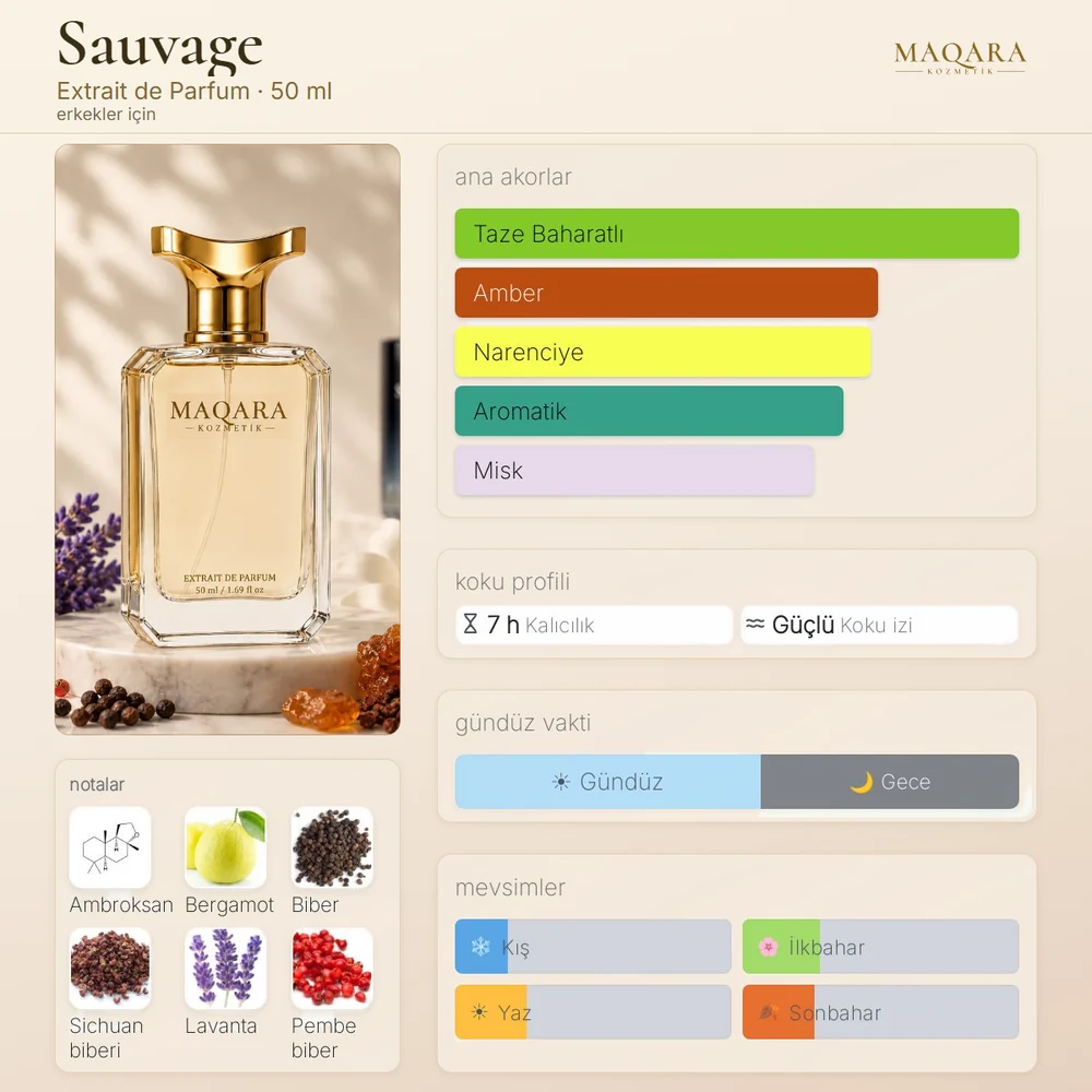 Sauvage koku kartı: ana akorlar, notalar, kalıcılık, koku izi, gündüz ve gece, mevsimler