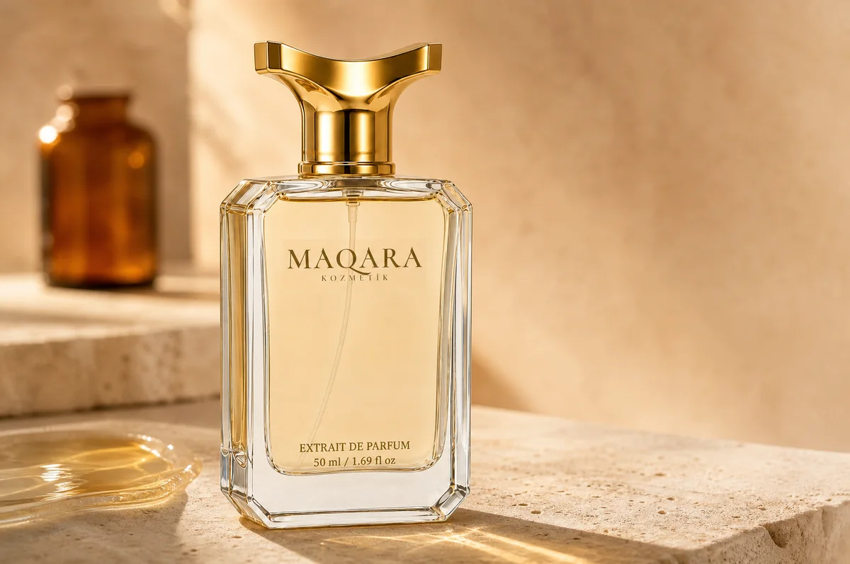 Travertende duran 50 ml MAQARA Extrait de Parfum şişesi, yanında dökülmüş parfüm yağı